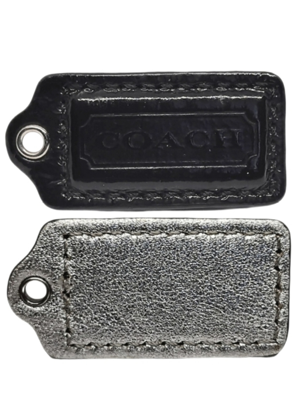 🤍 2" Coach Black Metallic Silver Leather Hangtag Bag Fob Keychain Charm Y2K